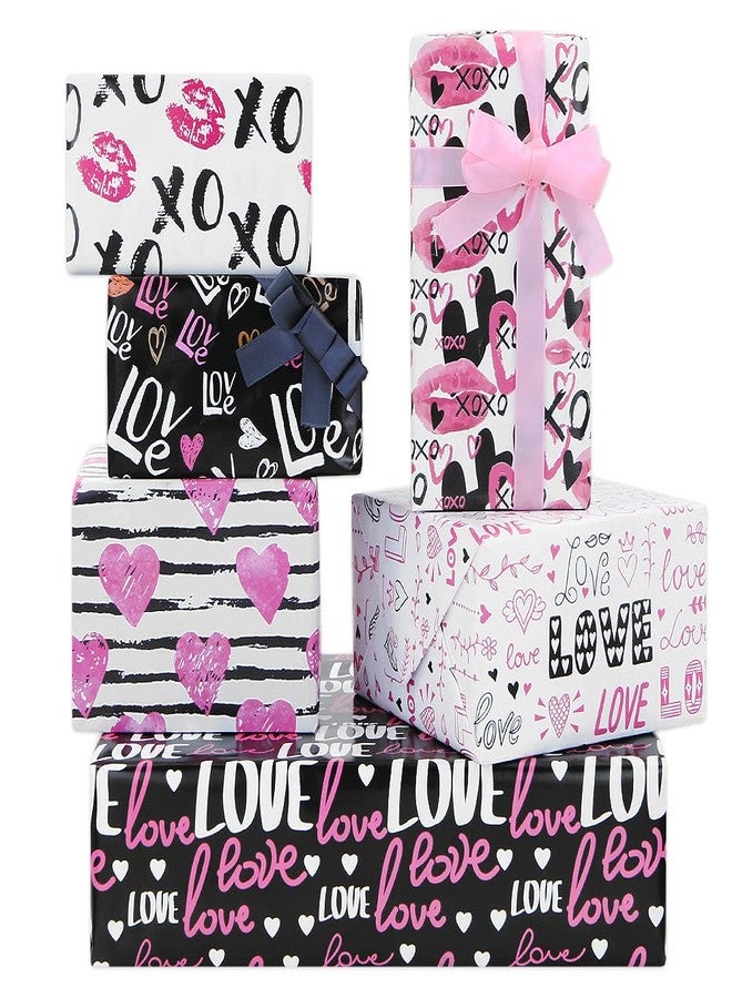 Geluode Valentines Wrapping Paper,6 Sheets 6 Designs Funny Kiss Love Heart Gift Wrapping Paper Adult,Black Pink White Red Gift Wrap Paper Whit 2 Rolls Ribbons For Valentine's Day Wedding Birthday Holiday - Image 1